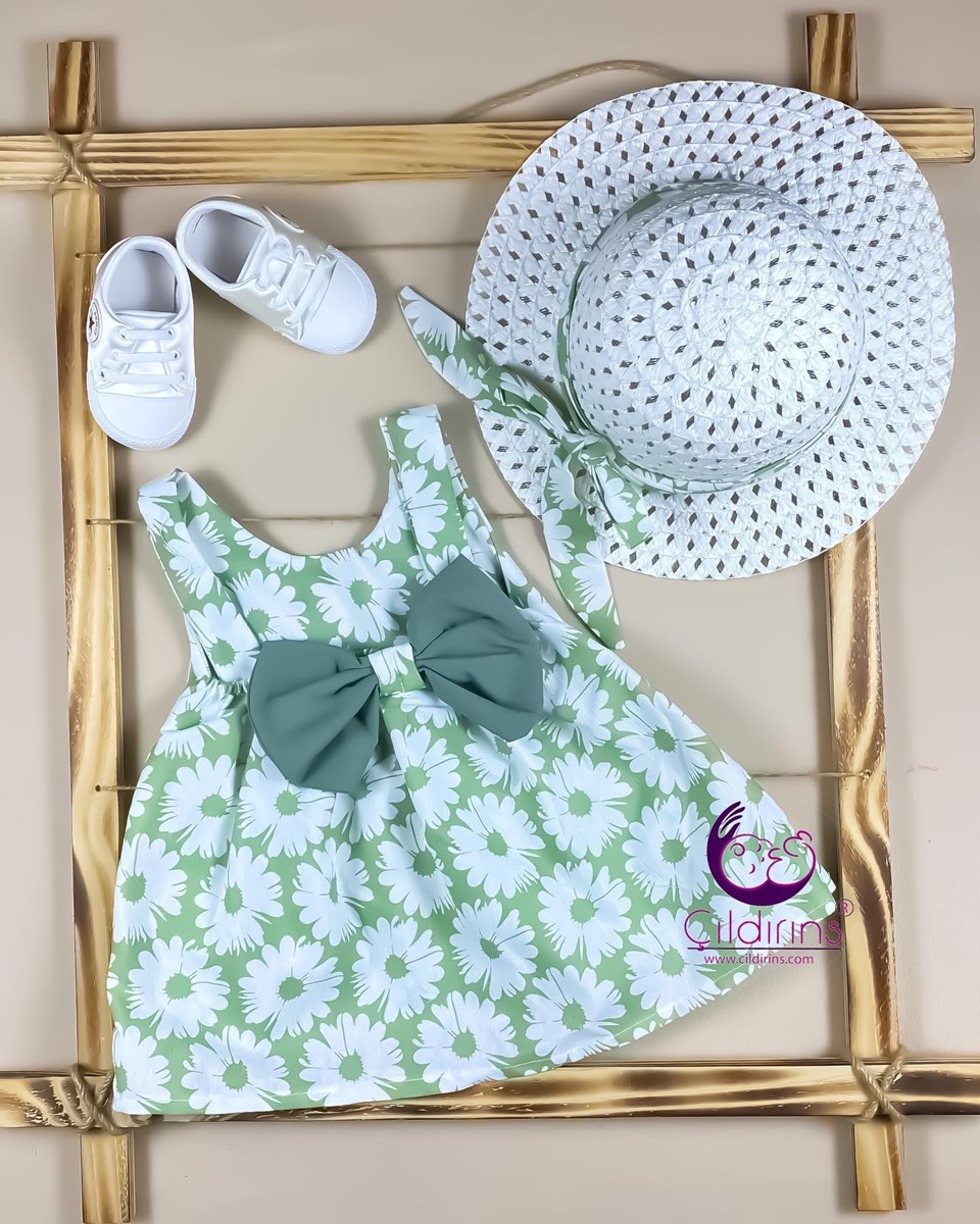Miniapple Yazlık Arkası Fiyonklu Hasır Şapkalı Çiçek Desenli Bebek Elbisesi - SARI