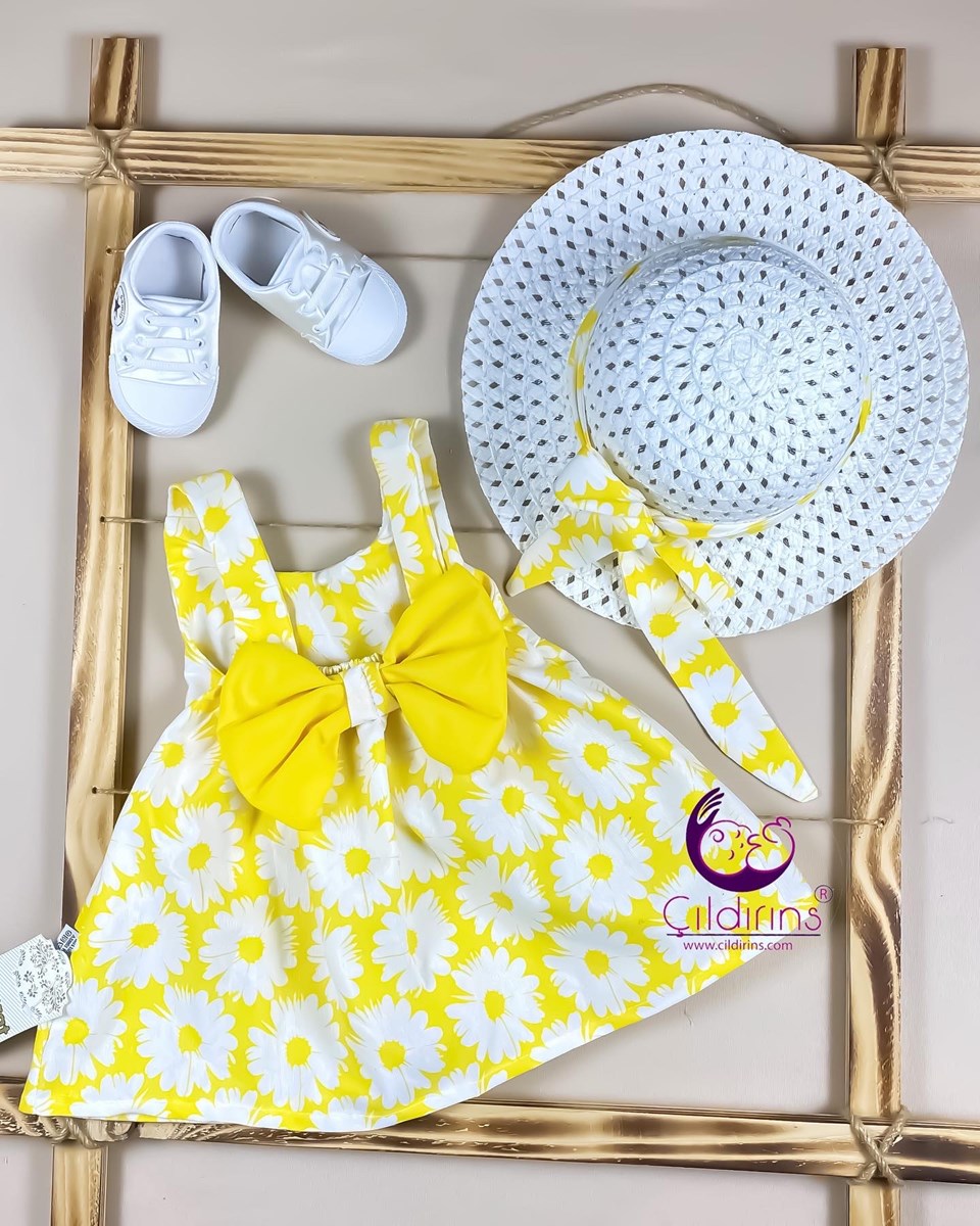 Miniapple Yazlık Arkası Fiyonklu Hasır Şapkalı Çiçek Desenli Bebek Elbisesi - KIRMIZI