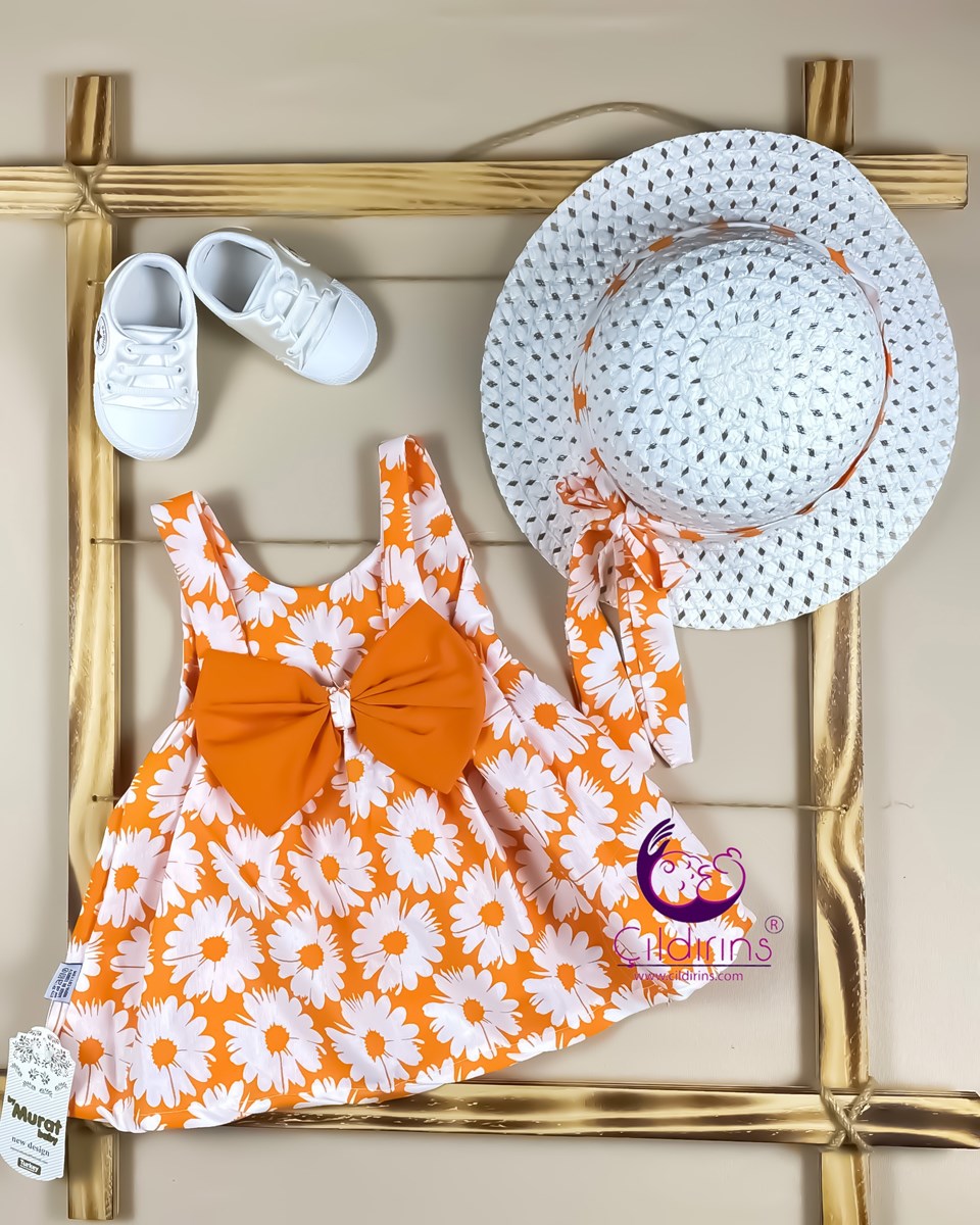Miniapple Yazlık Arkası Fiyonklu Hasır Şapkalı Çiçek Desenli Bebek Elbisesi - YEŞİL