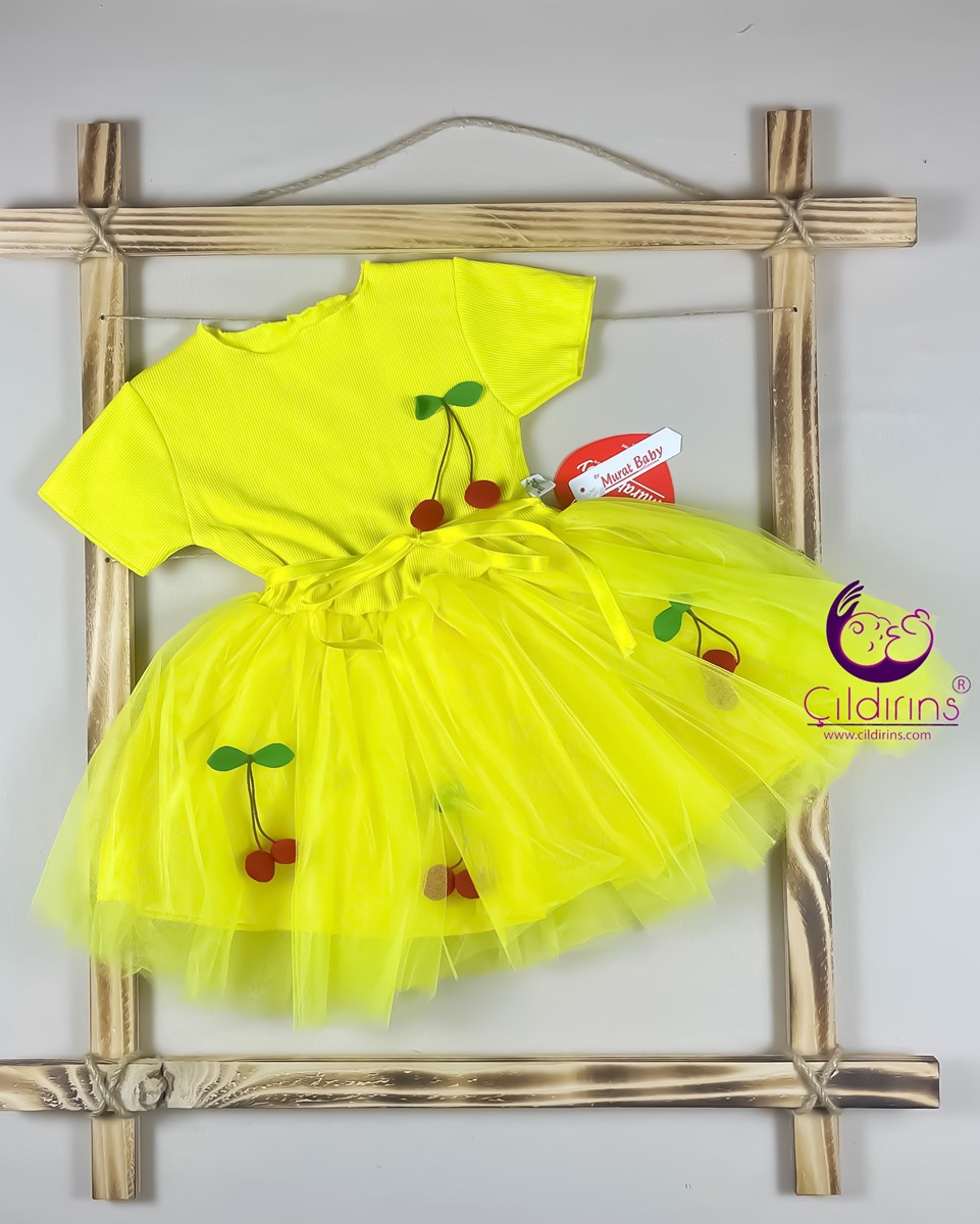 Miniapple Yazlık Tütü Etekli Kiraz Aksesuarlı Bebek Elbisesi - PEMBE
