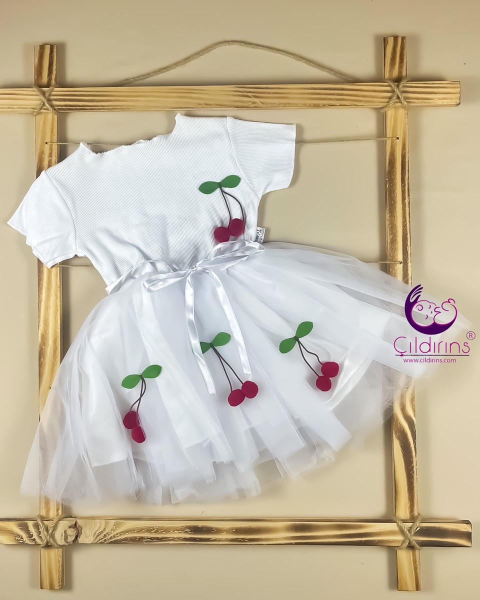 Miniapple Yazlık Tütü Etekli Kiraz Aksesuarlı Bebek Elbisesi - BEYAZ