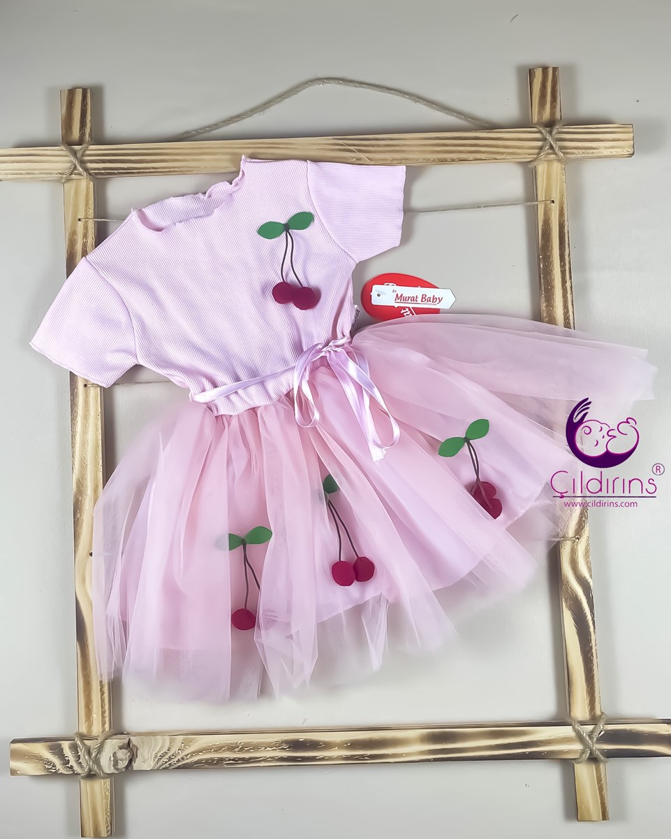 Miniapple Yazlık Tütü Etekli Kiraz Aksesuarlı Bebek Elbisesi - PEMBE