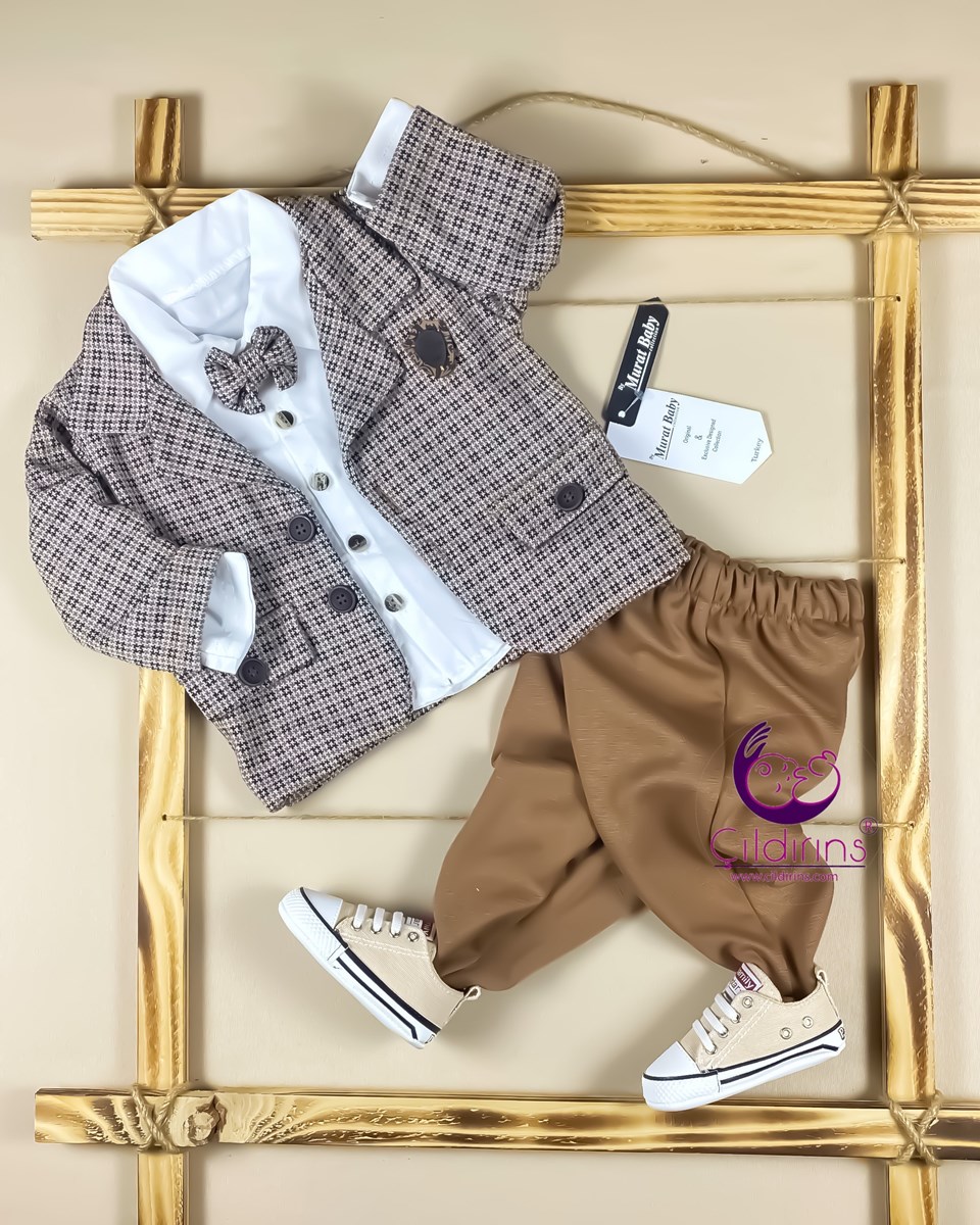 Miniapple Küçük Kare Desenli Ceketli Papyonlu 3’lü Bebek Takım Elbisesi
