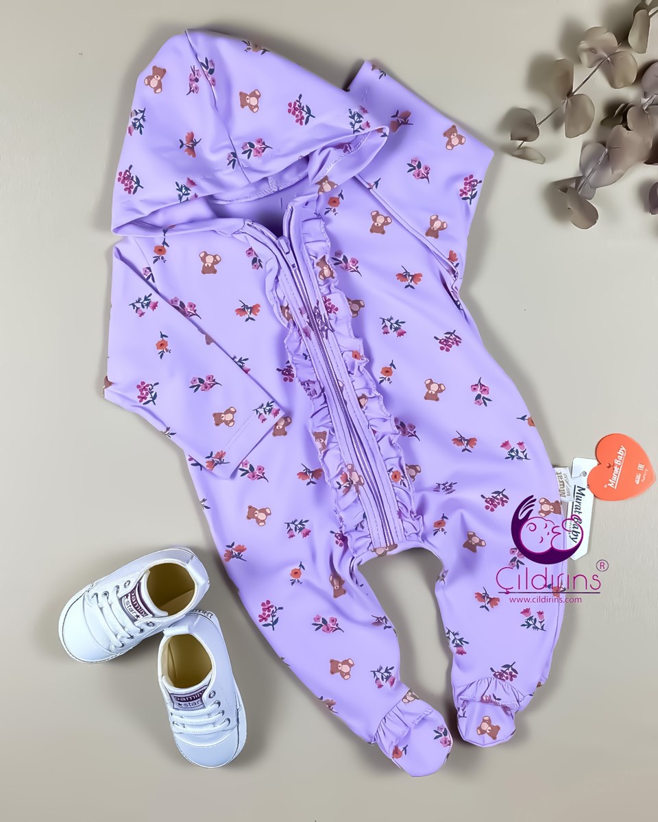 Miniapple Küçük Çiçek ve Ayıcık Desenli Fırfırlı Kapüşonlu Bebek Tulumu - LİLA