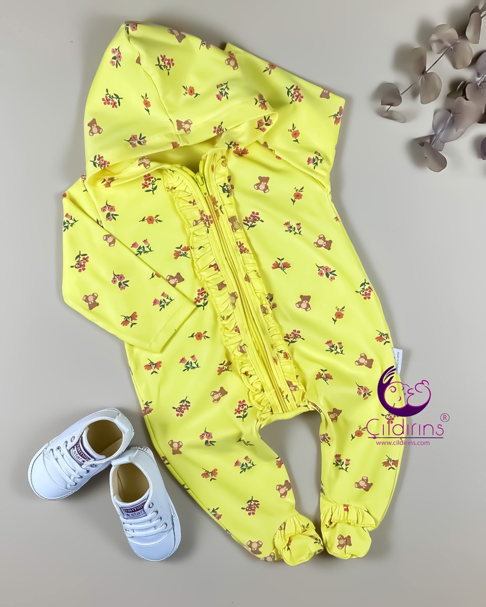 Miniapple Küçük Çiçek ve Ayıcık Desenli Fırfırlı Kapüşonlu Bebek Tulumu - SARI