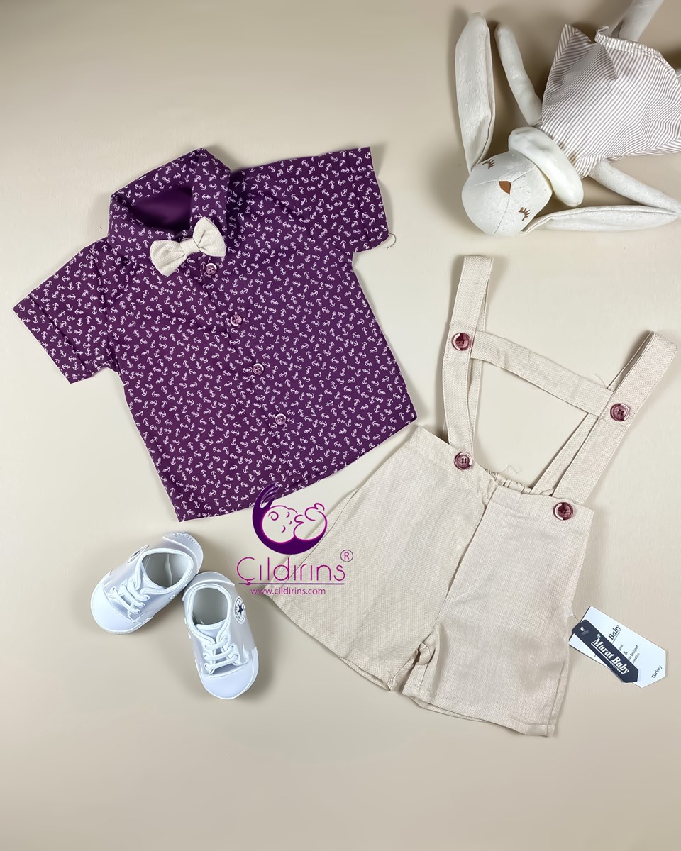 Miniapple Yazlık Gömleği Çapa Desenli Papyonlu Askılı 2’li Bebek Takımı  - BORDO