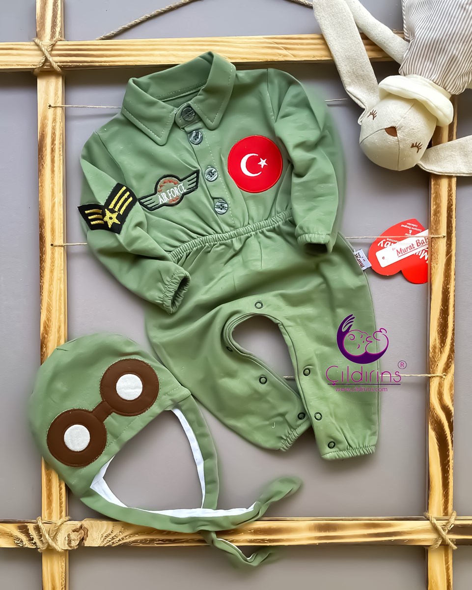 Miniapple Türk Bayrağı Armalı Pilot Şapkalı Bebek Tulumu - HAKİ