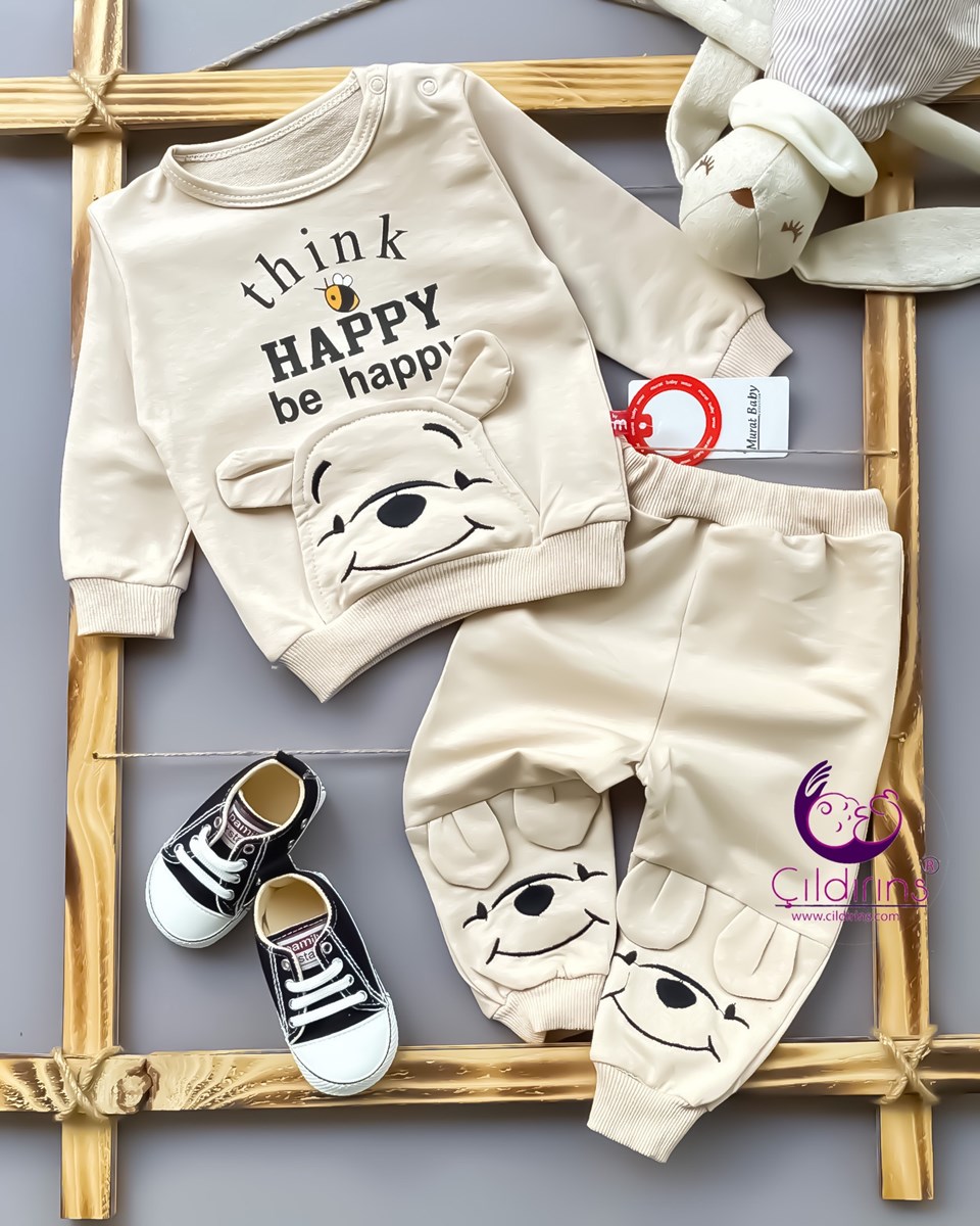 Miniapple Think Happy Ayıcık Nakışlı 2’li Bebek Takımı - KREM