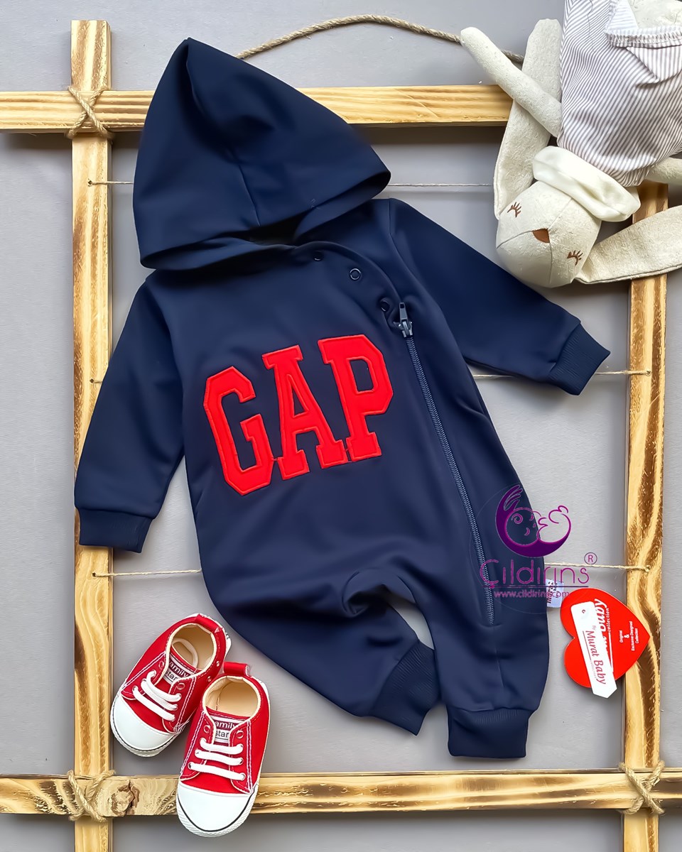 Miniapple Gap Nakışlı Kapüşonlu Fermuarlı Bebek Tulumu - LACİVERT