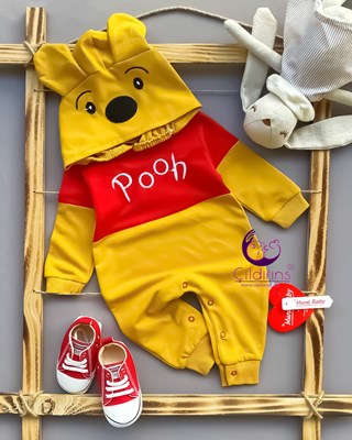 Miniapple Pooh Nakışlı Kapüşonlu Kostüm Bebek Tulumu