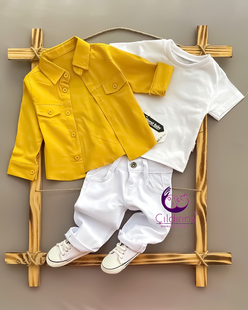 Miniapple Keten Gömlekli Beyaz Pantolonlu Badili 3’lü Bebek Takımı - KIRMIZI