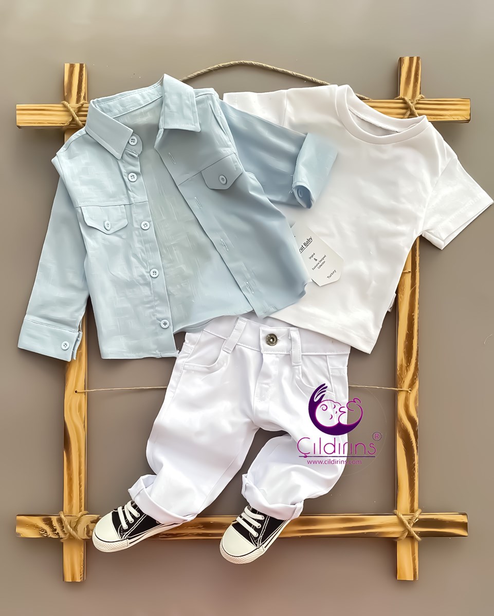 Miniapple Keten Gömlekli Beyaz Pantolonlu Badili 3’lü Bebek Takımı - KIRMIZI
