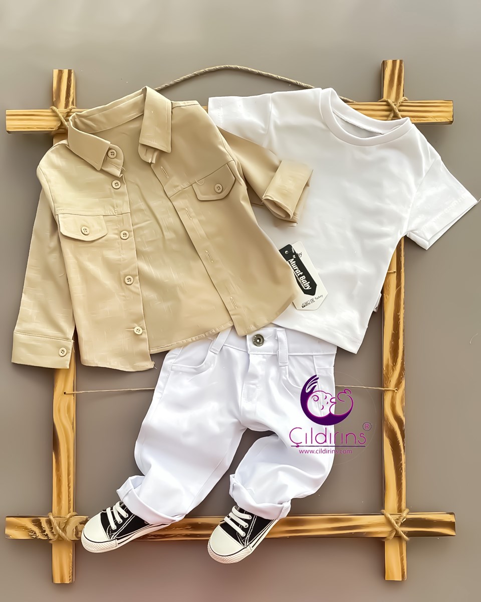 Miniapple Keten Gömlekli Beyaz Pantolonlu Badili 3’lü Bebek Takımı - HAKİ