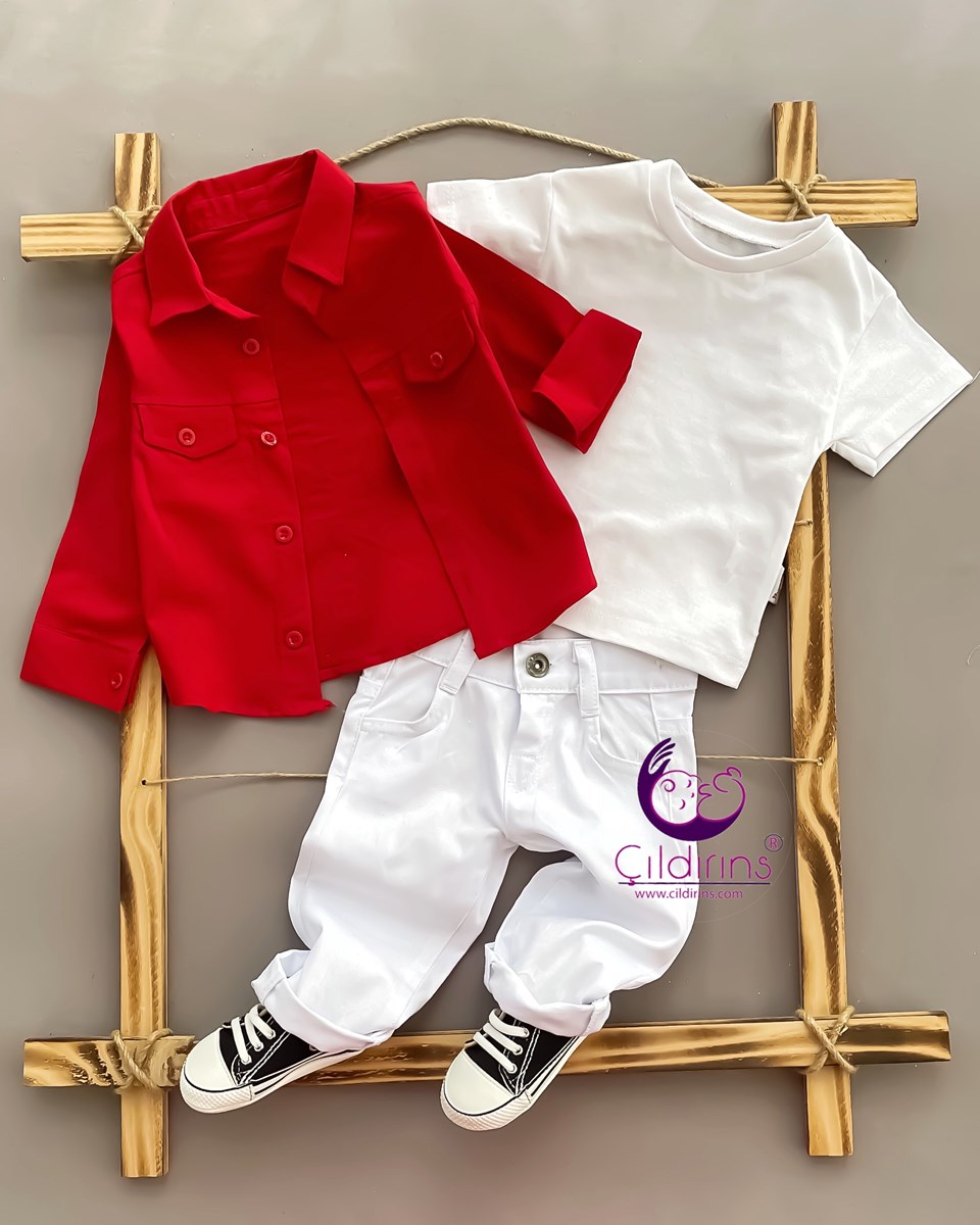 Miniapple Keten Gömlekli Beyaz Pantolonlu Badili 3’lü Bebek Takımı - BEBE MAVİSİ