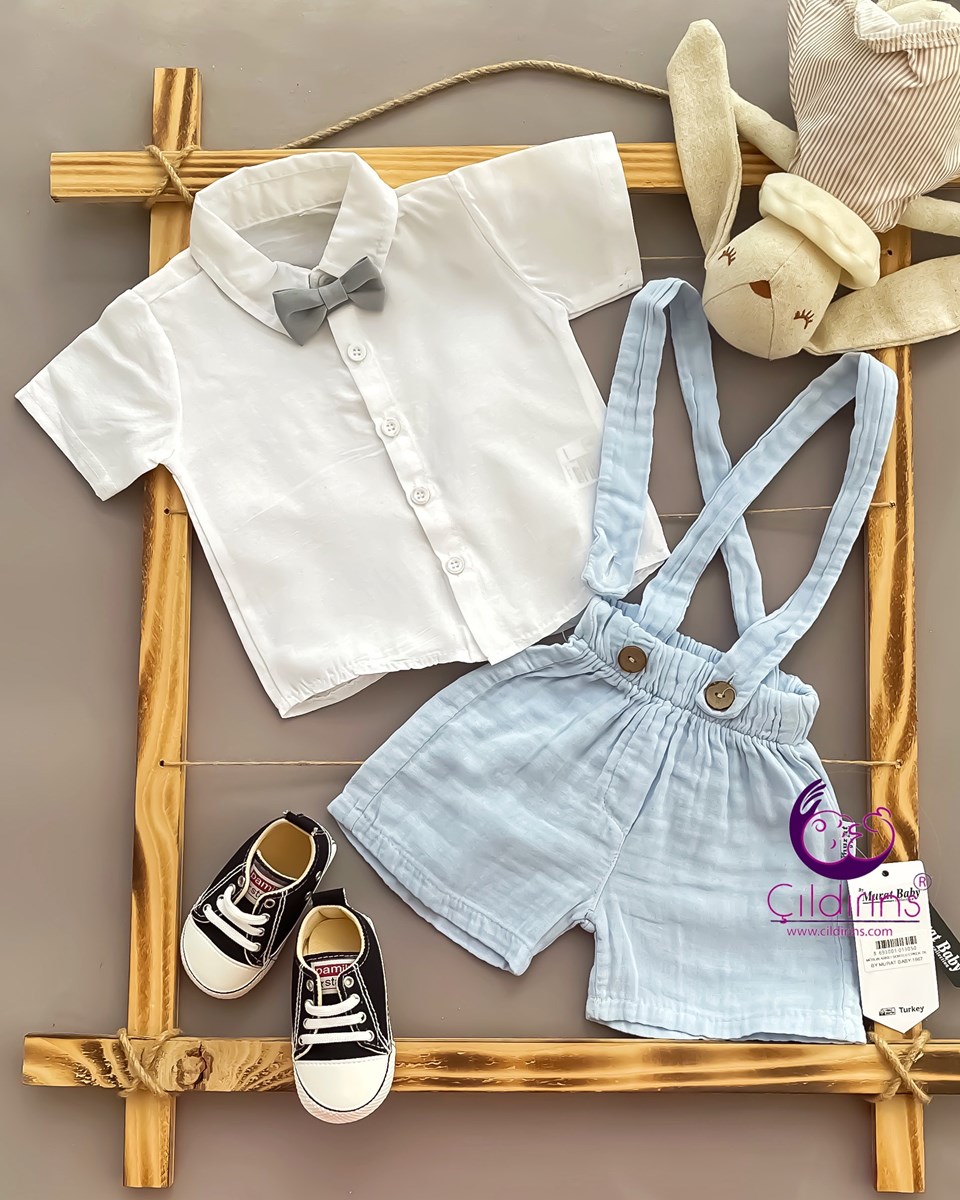 Miniapple Muslin Kumaş Askılı Şortlu Gömlekli Papyonlu 2’li Bebek Takımı - İNDİGO