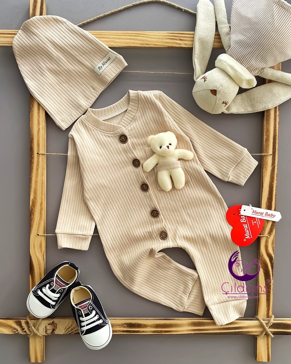 Miniapple Düğmeli Fitilli Kumaş Cebi Oyuncaklı Bebek Tulumu - HAKİ