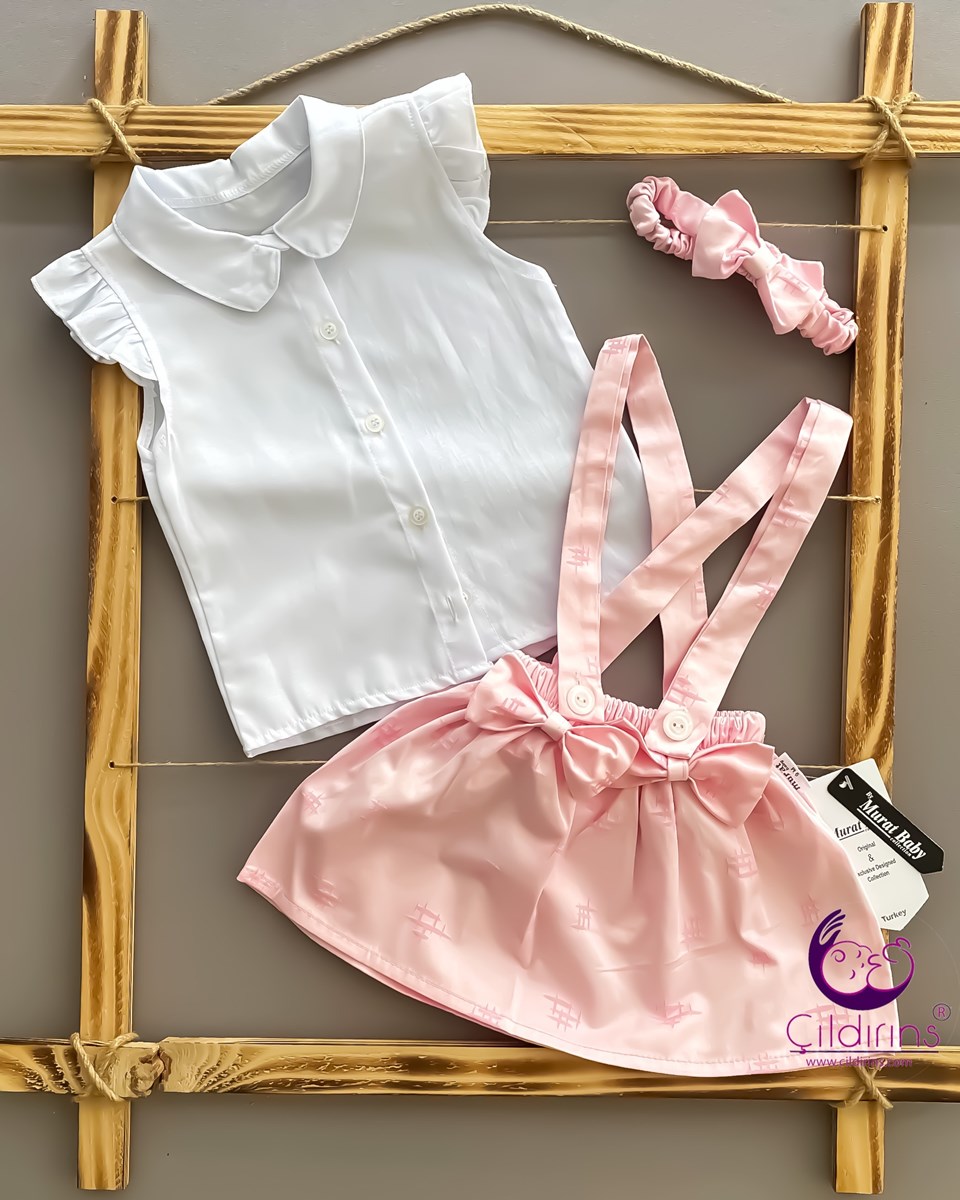 Miniapple Yazlık Kız Gömlekli Askılı Etekli 2’li Bebek Takımı - PEMBE
