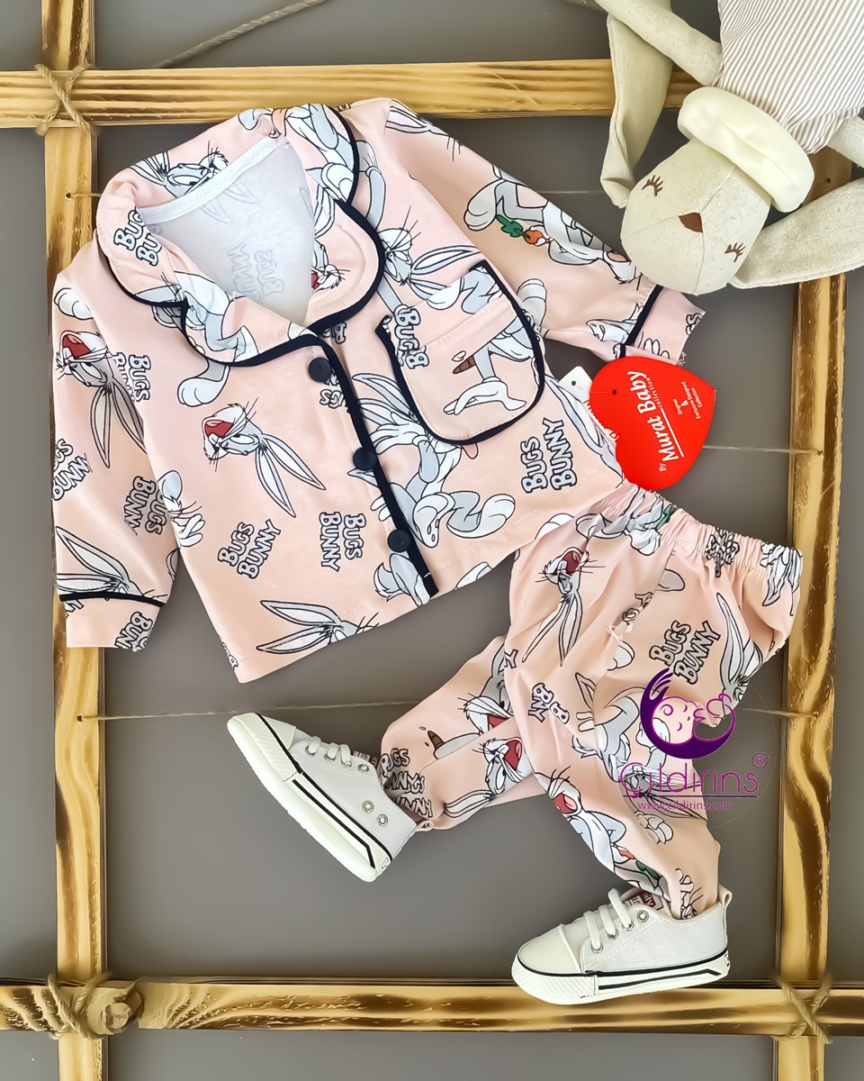 Miniapple Bugs Bunny Baskılı Cepli Düğmeli Pijama Bebek Takımı - SARI