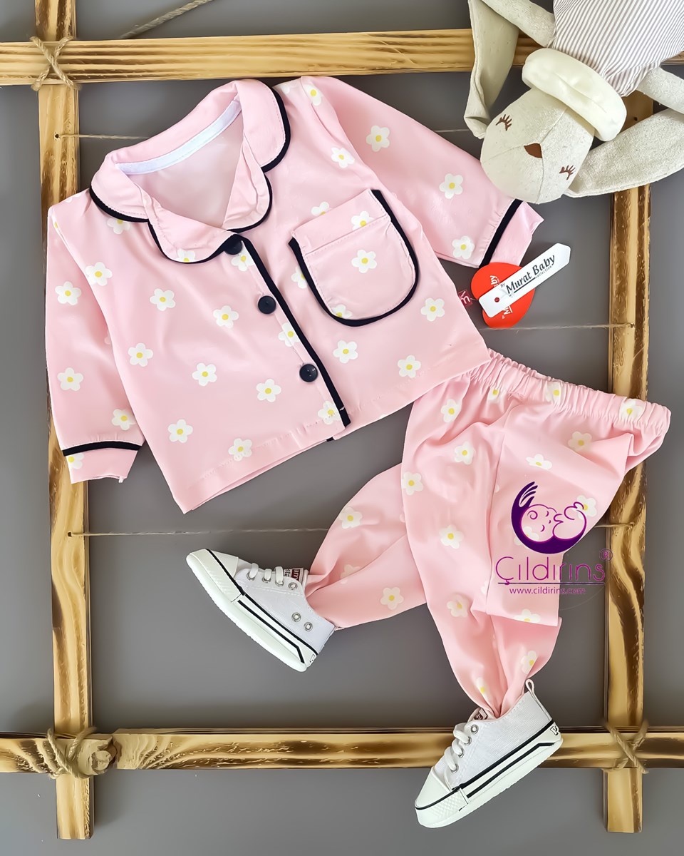 Miniapple Küçük Papatya Desenli Cepli Düğmeli 2’li Bebek Pijama Takımı - SARI