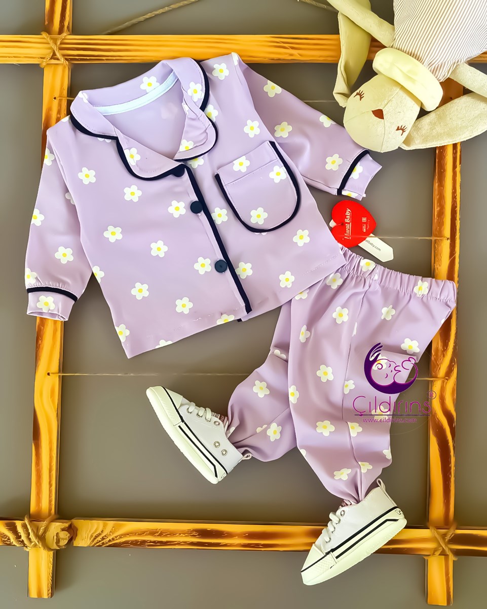 Miniapple Küçük Papatya Desenli Cepli Düğmeli 2’li Bebek Pijama Takımı - SARI