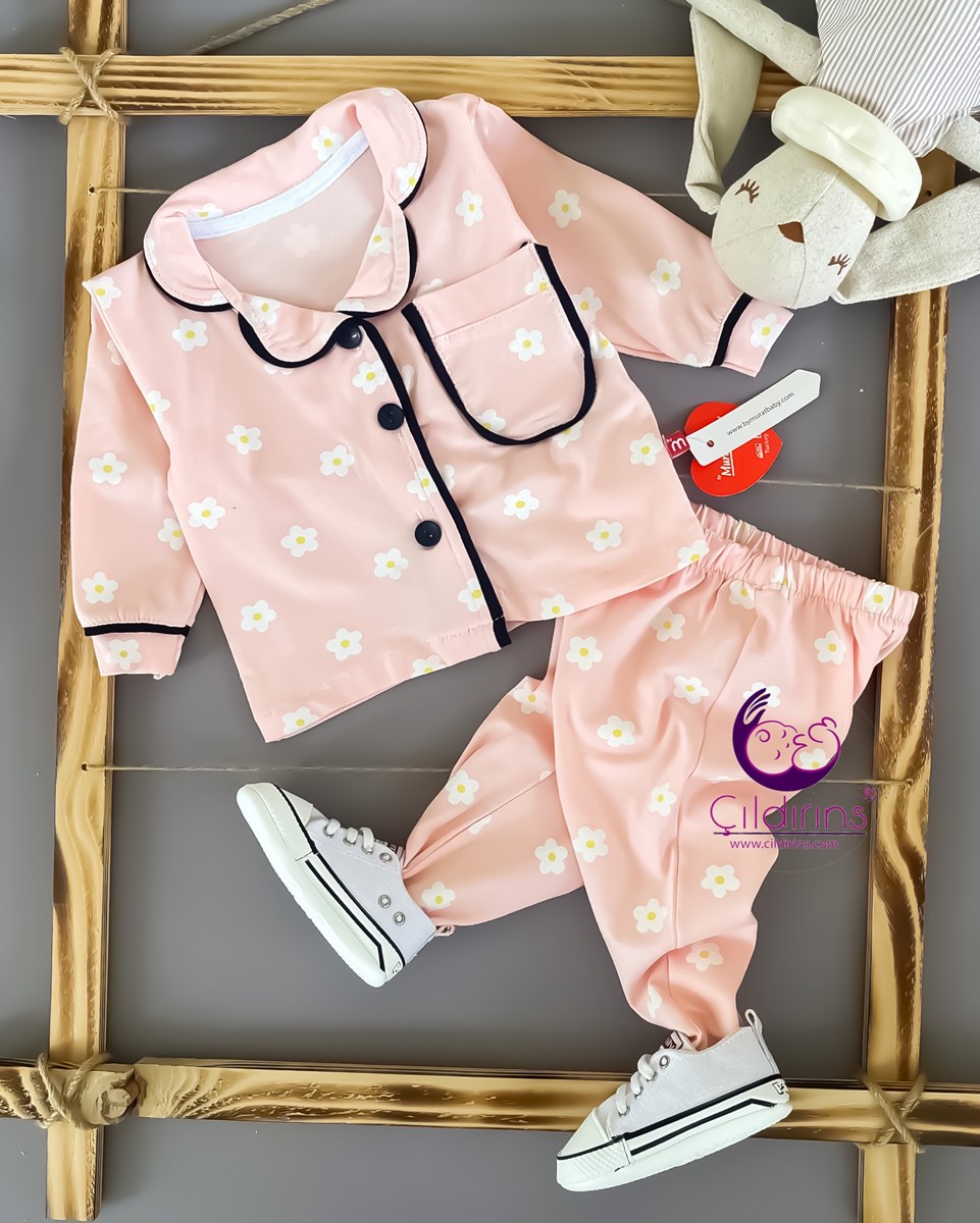 Miniapple Küçük Papatya Desenli Cepli Düğmeli 2’li Bebek Pijama Takımı - LİLA