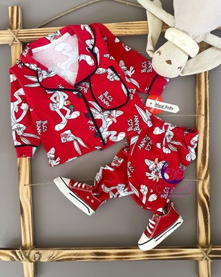 Miniapple Bugs Bunny Baskılı Cepli Düğmeli Pijama Bebek Takımı - YEŞİL