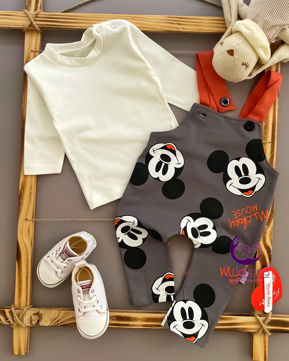 Miniapple Mickey Mouse Baskılı İçi Badili Salopet BebeK Tulumu - FÜME