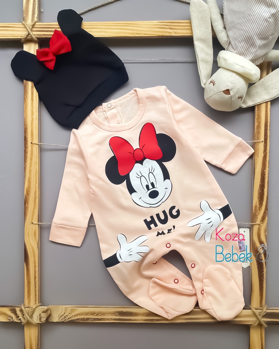 Miniapple Hug Me Minnie Baskılı Şapkalı Alttan Çıtçıtlı Bebek Tulumu