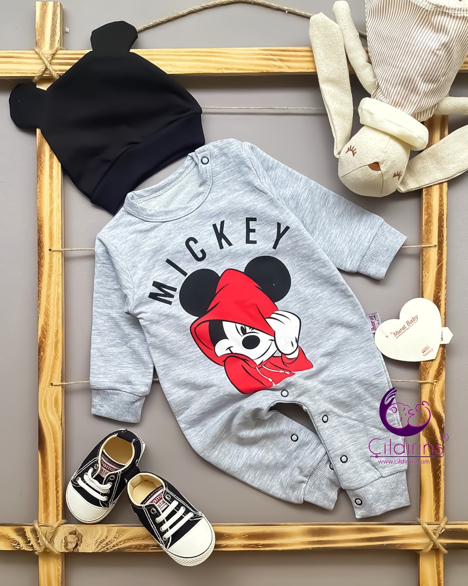 Miniapple Hug Me Mickey Baskılı Şapkalı Alttan Çıtçıtlı Bebek Tulumu - HARDAL