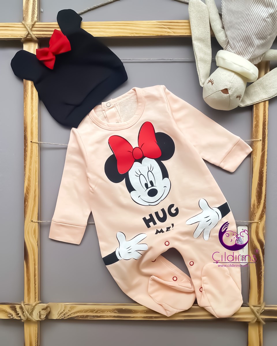 Miniapple Hug Me Minnie Baskılı Şapkalı Alttan Çıtçıtlı Bebek Tulumu - KREM