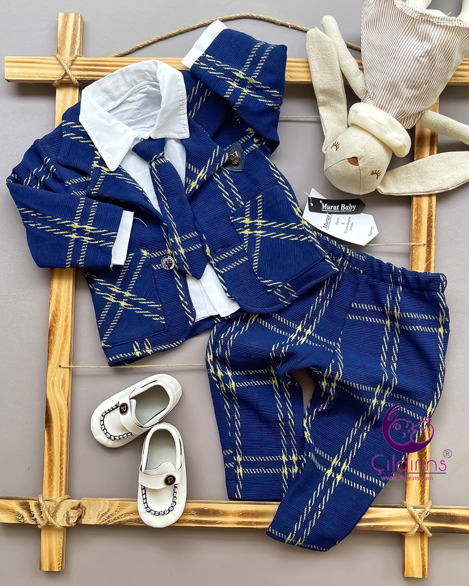 Miniapple Kravatlı Ceketli Büyük Ekoseli Bebek Takım Elbisesi - LACİVERT