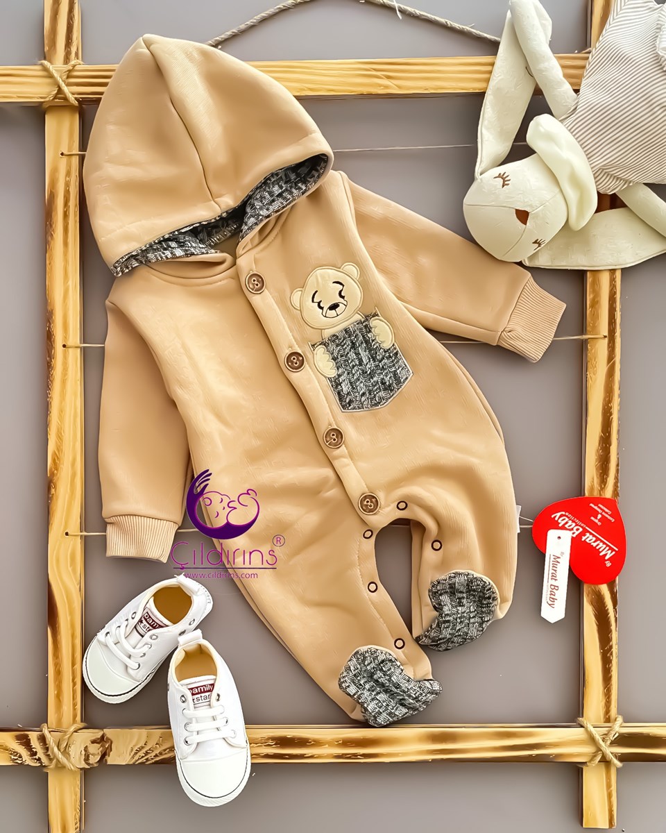 Miniapple 3 İplik Cebi Ayıcık Nakışlı Kapüşonlu Düğmeli Bebek Tulumu - KIRMIZI