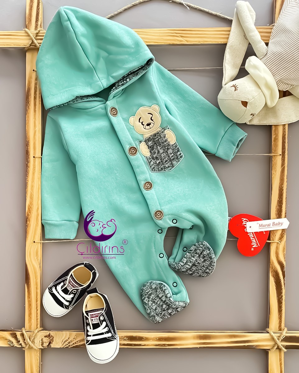 Miniapple 3 İplik Cebi Ayıcık Nakışlı Kapüşonlu Düğmeli Bebek Tulumu - TURUNCU