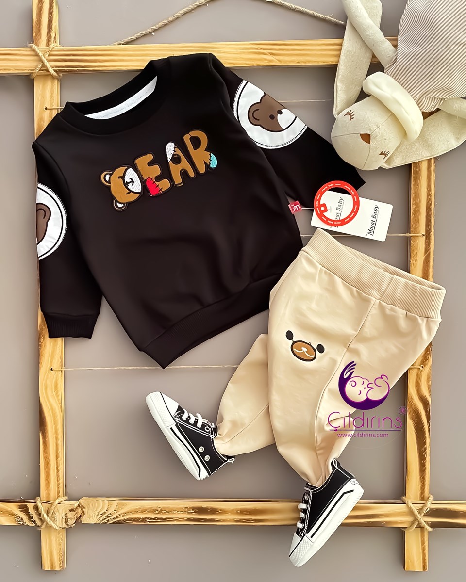 Miniapple Bear Nakışlı Kolları Ayıcık Nakışlı 2’li Bebek Takımı - KREM