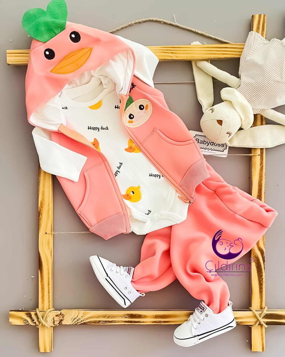 Miniapple Yelekli Happy Duck Nakışlı Badili 3’lü Bebek Takımı - SOMON