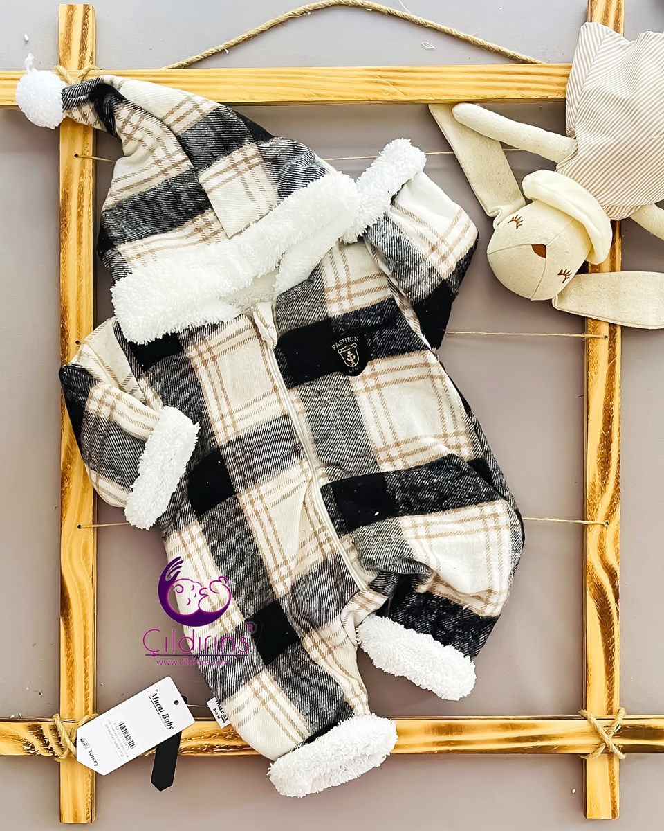 Miniapple İçi Welsoft Peluşlu Kapüşonu Ponponlu Ekoseli Fermuarlı Bebek Tulumu - BEBE MAVİSİ