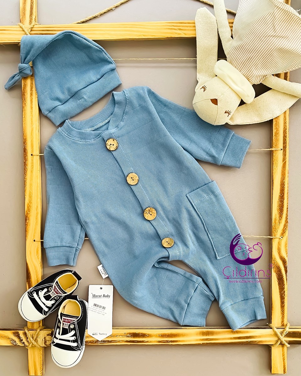 Miniapple Fitilli Kumaş Ahşap Düğmeli Yandan Cepli Şapkalı Bebek Tulumu - İNDİGO