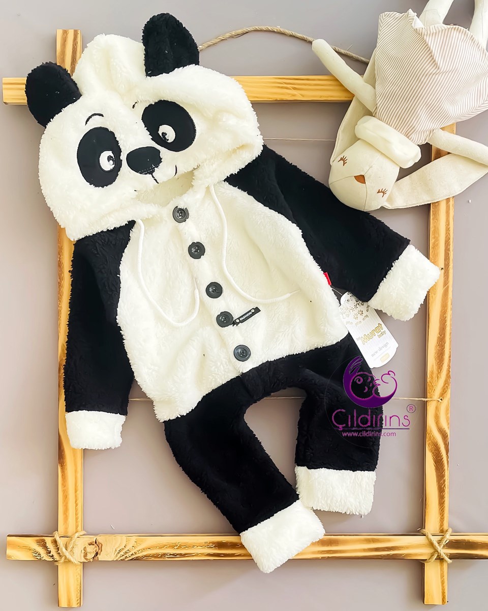 Miniapple Welsoft Peluşlu Kulaklı Kapüşonlu Panda Nakışlı Bebek Tulumu - SİYAH