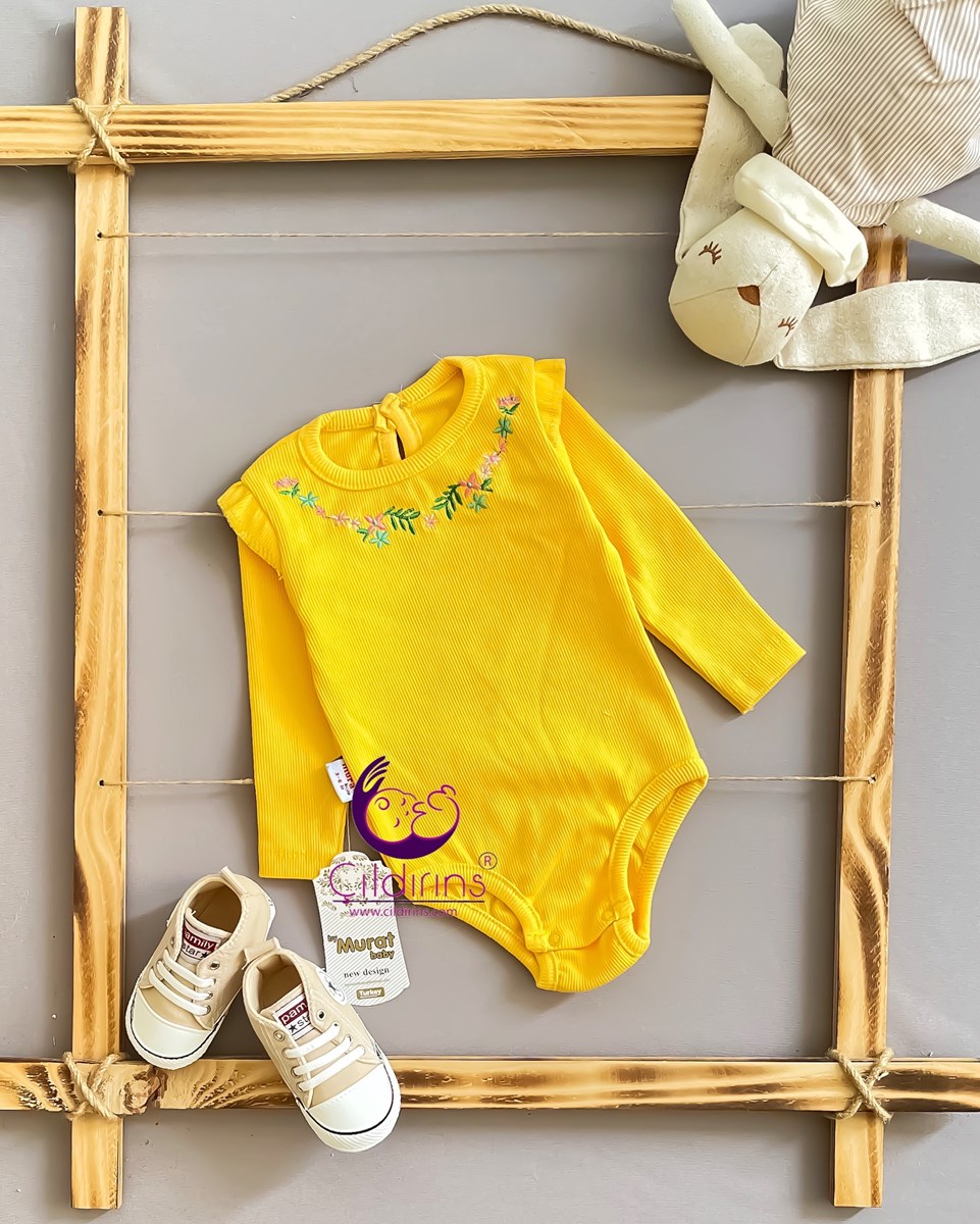 Miniapple Yakası Çiçek Nakışlı Fitilli Kumaş Alttan Çıtçıtlı Bebek Badisi - LİLA