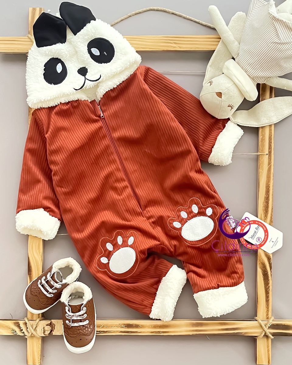 Miniapple İçi Welsoft Peluşlu Panda Nakışlı Fitilli Kapüşonlu Bebek Tulumu - GÜL KURUSU