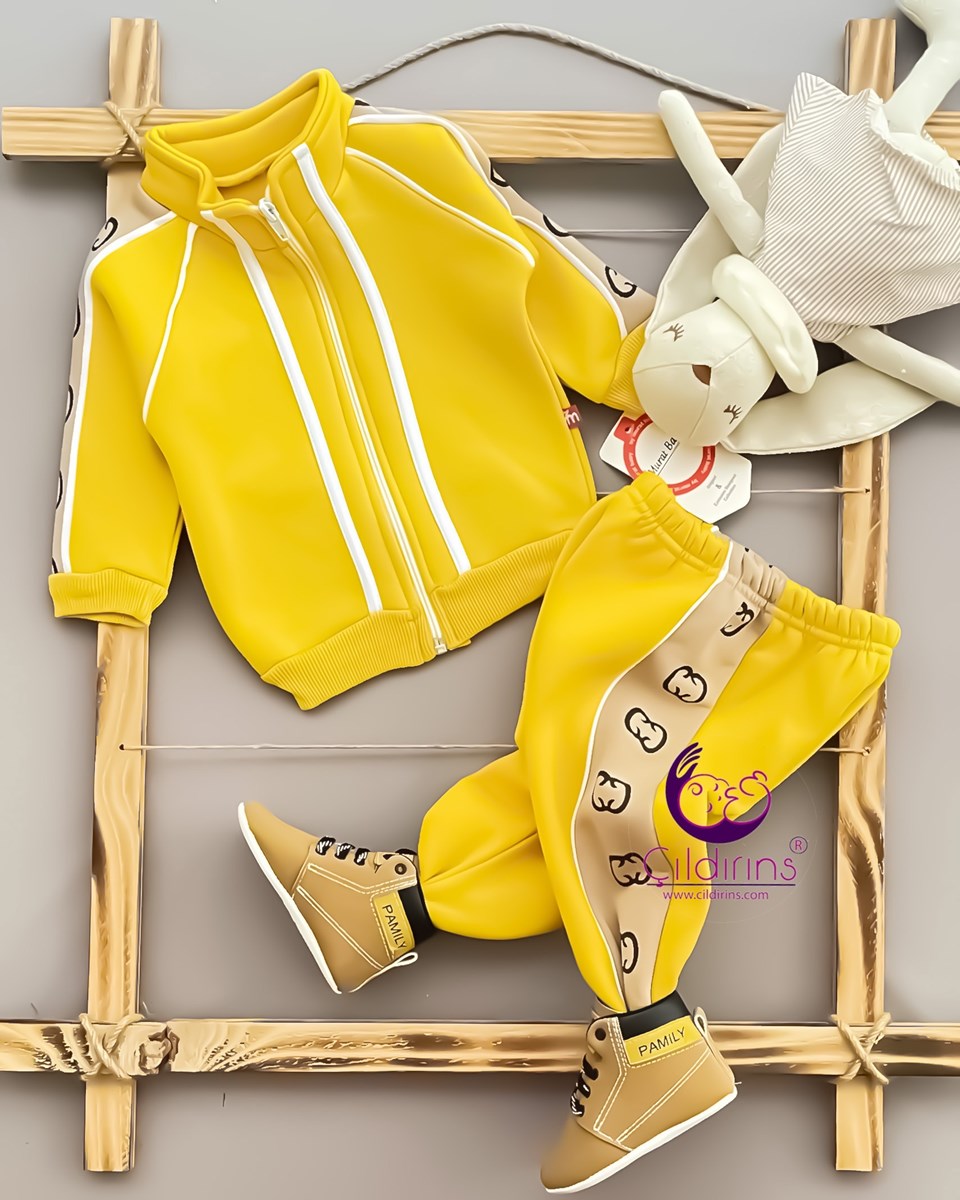 Miniapple 3 İplik Çift Şeritli Kolları ve Pantolonu Gucci Desenli 2’li Bebek Takımı - HARDAL