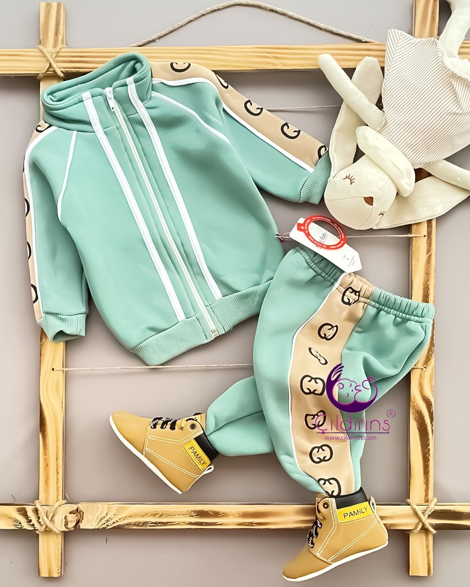 Miniapple 3 İplik Çift Şeritli Kolları ve Pantolonu Gucci Desenli 2’li Bebek Takımı - YEŞİL
