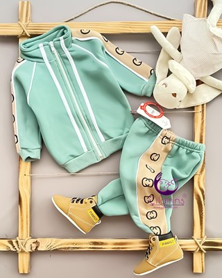 Miniapple 3 İplik Çift Şeritli Kolları ve Pantolonu Gucci Desenli 2’li Bebek Takımı - HARDAL