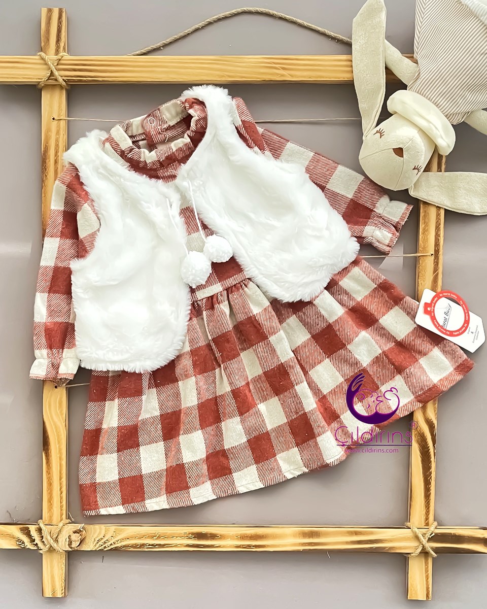 Miniapple Welsoft Yelekli Kareli Kız Çocuk Elbisesi - TURUNCU