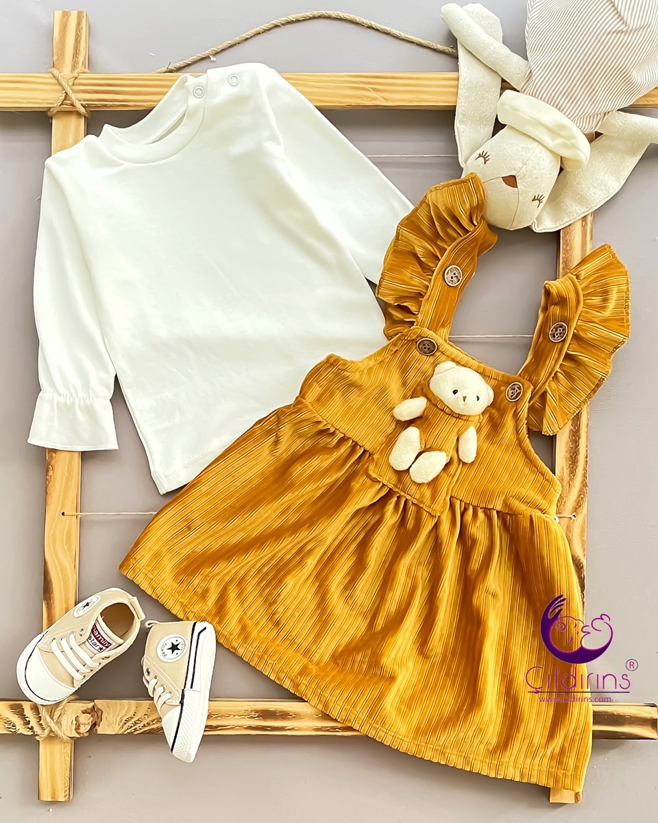 Miniapple Kadife Kolları Fırfırlı Oyuncak Aksesuarlı Bebek Elbisesi - KAHVERENGİ