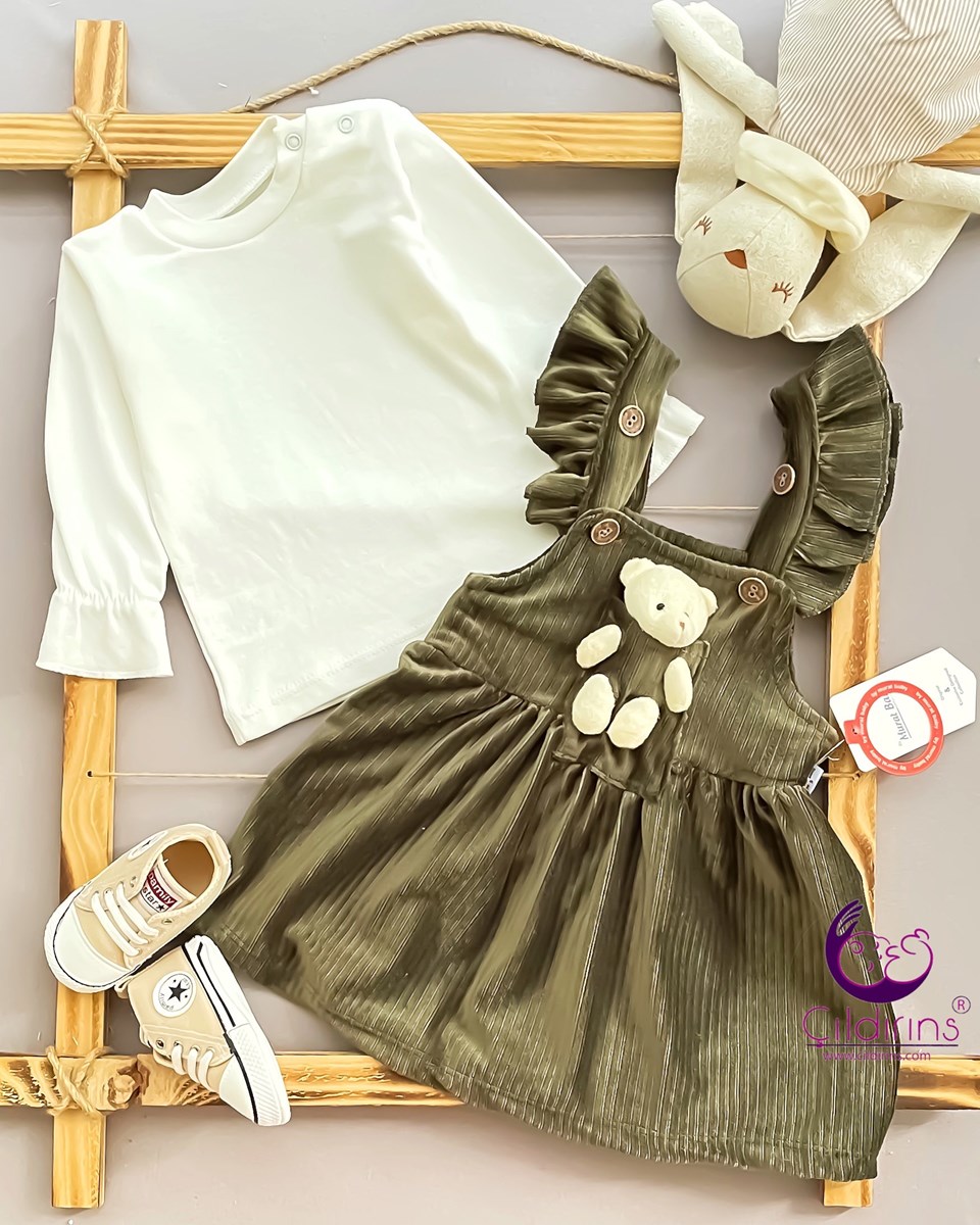 Miniapple Kadife Kolları Fırfırlı Oyuncak Aksesuarlı Bebek Elbisesi - HARDAL