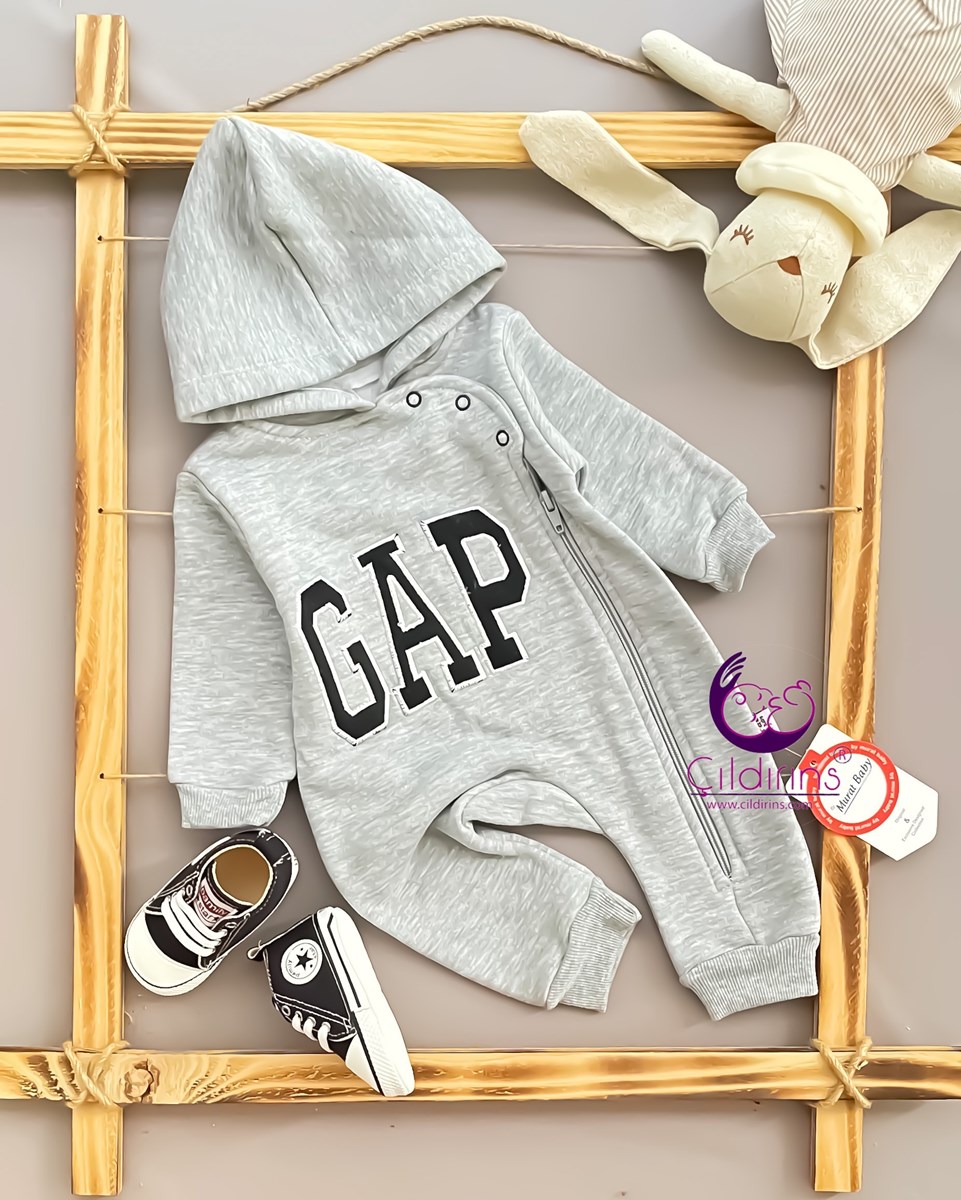 Miniapple 3 İplik Gap Nakışlı Kapüşonlu Fermuarlı Bebek Tulumu - TURUNCU