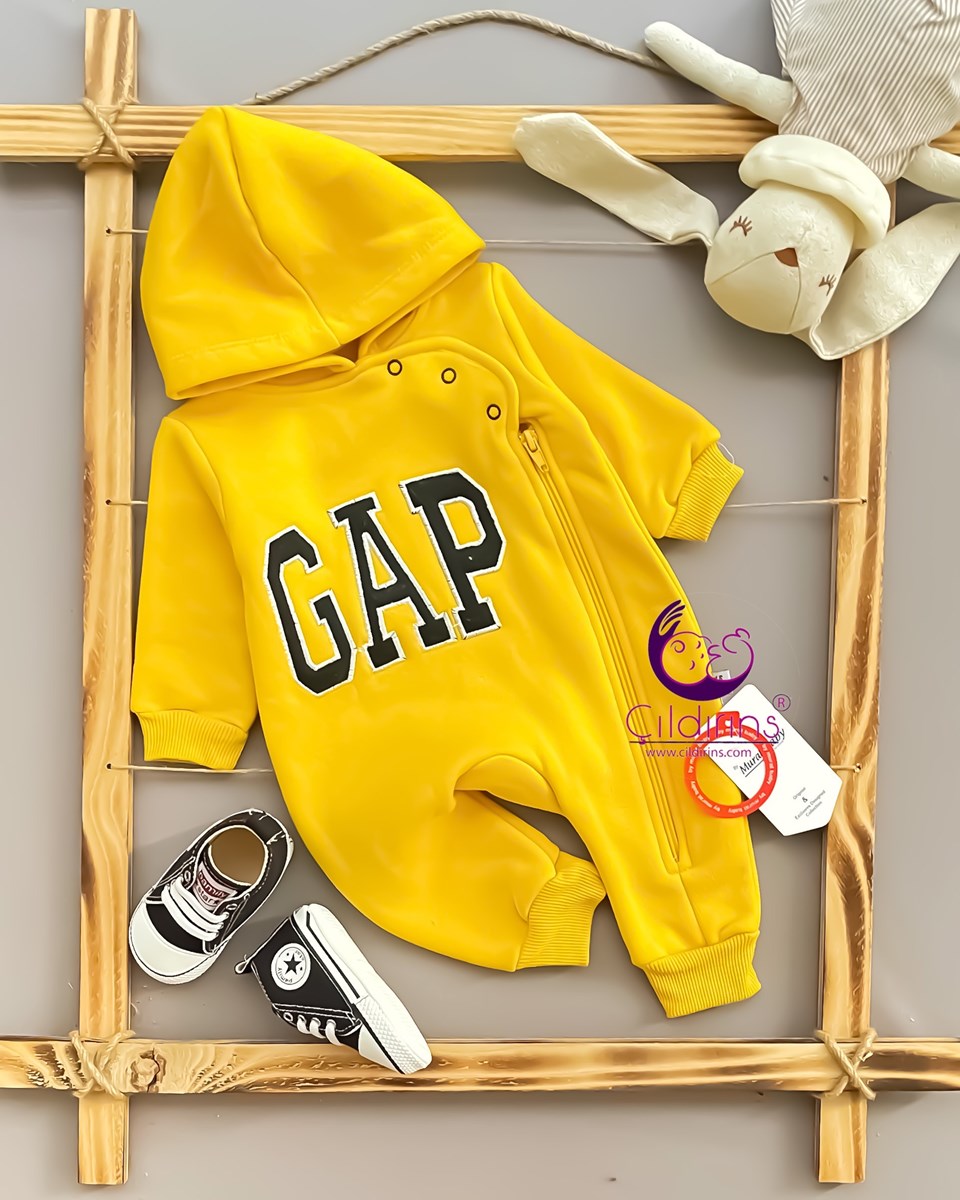 Miniapple 3 İplik Gap Nakışlı Kapüşonlu Fermuarlı Bebek Tulumu - HARDAL