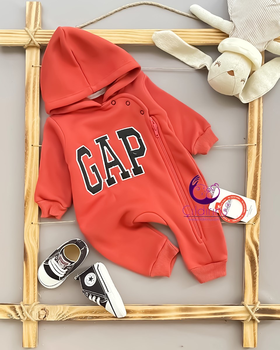 Miniapple 3 İplik Gap Nakışlı Kapüşonlu Fermuarlı Bebek Tulumu - HARDAL