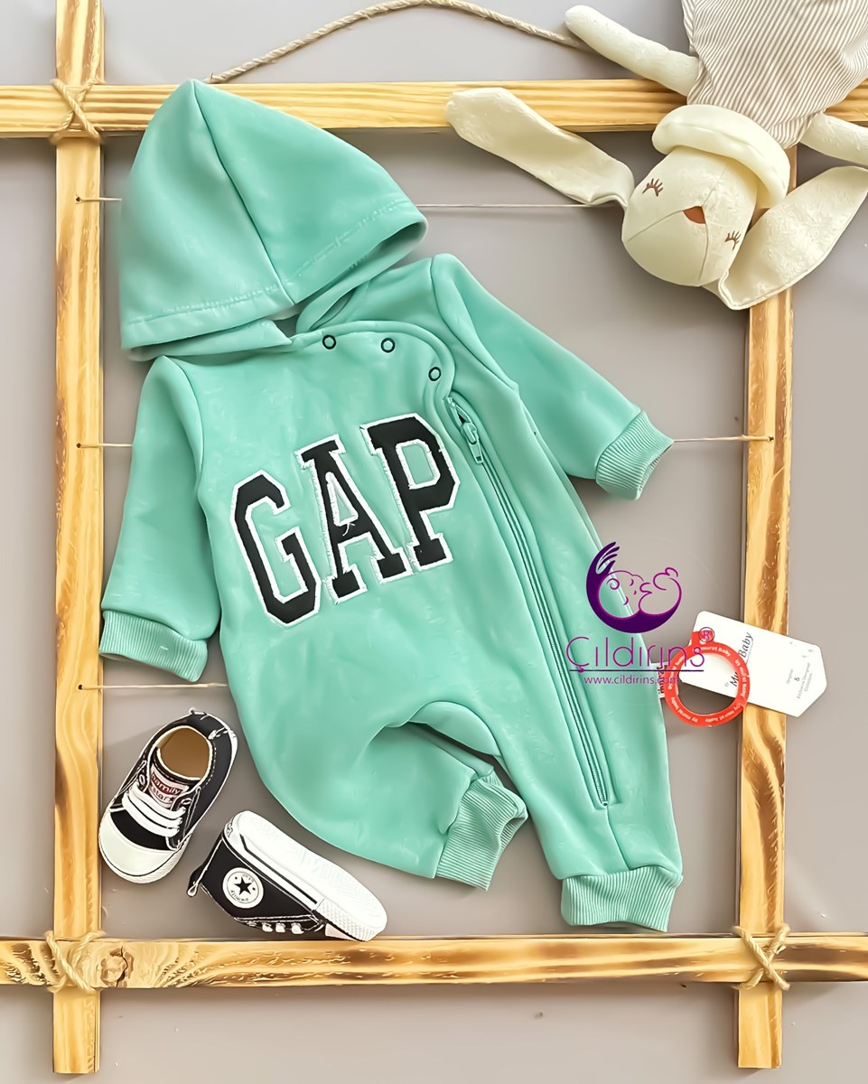 Miniapple 3 İplik Gap Nakışlı Kapüşonlu Fermuarlı Bebek Tulumu - YEŞİL